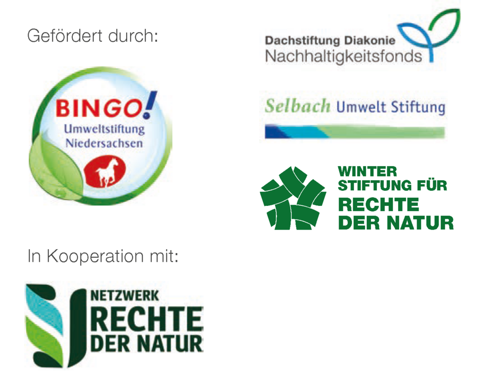 Logos der Förderer und Partner: Die Tagung wird gefördert durch die Bingo Umweltstiftung Niedersachsen, den Dachstiftung Diakonie Nachhaltigkeitsfonds, die Selbach Umwelt Stiftung, die Winter Stiftung für Rechte der Natur. Kooperationspartner ist das Netzwerk Rechte der Natur.