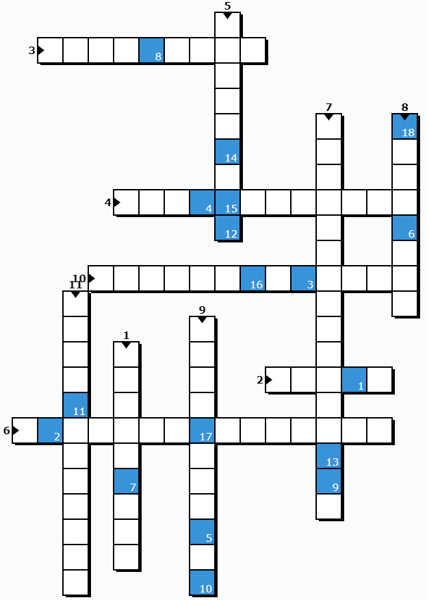 Kreuzworträtselgitter mit nummerierten und blau markierten Feldern