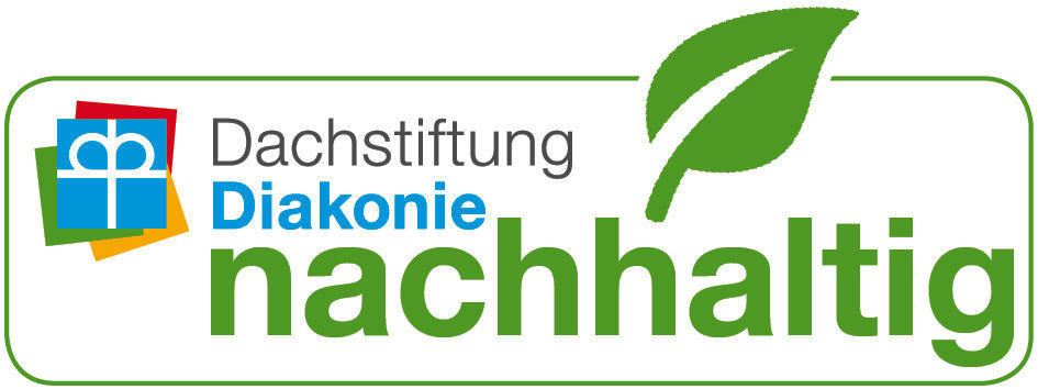 Logo mit Text Dachstiftung Diakonie nachhaltig und Blattsymbol
