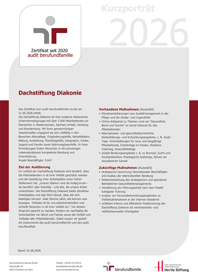 Dokument-Cover „Kurzporträt 2026“ der Dachstiftung Diakonie mit Logo, Textspalten und Fußzeile auf weißem Hintergrund.